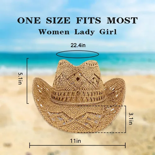 Miniatura 2 de Sombreros de vaquero de paja para mujer, sombrero de vaquera occidental brillante para vacaciones, sombrero de playa plegable con ala ancha