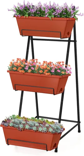 Miniatura 9 de Cama de jardín elevada vertical de 3 niveles, soporte de macetas de jardín elevadas, caja de maceta de jardín vertical con agujeros de drenaje