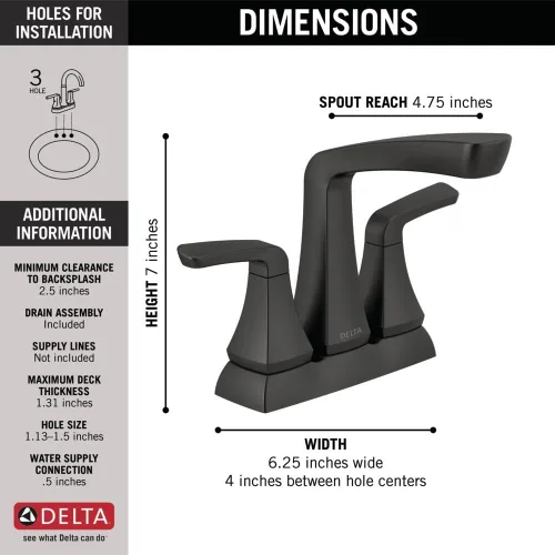 Miniatura 3 de Delta Faucet Vesna - Grifo de baño negro mate, grifo de baño central, conjunto de drenaje, captura de drenaje sin preocupaciones, negro mate