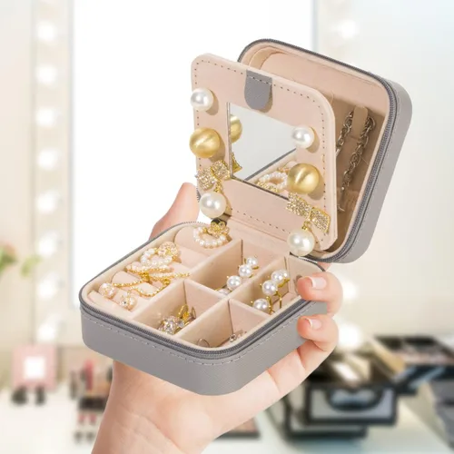 Miniatura 6 de KElofoN - Estuche para joyas de viaje, pequeño organizador de joyería con espejo para mujeres y niñas, color gris