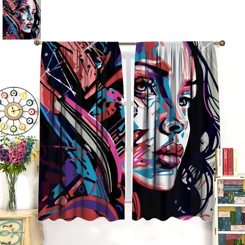 Miniatura 3 de Cortinas de pared de ladrillo, arte pop de grafiti, hermosas cortinas con estampado de chicas americanas para adolescentes, dormitorio, sala