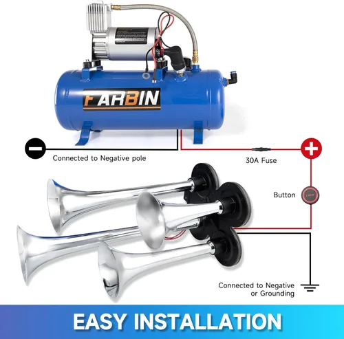 Miniatura 7 de FARBIN - Bocina de tren para camión, 178 dB, superpotente, con 4 trompetas, incluye compresor de aire 12 V de 150 PSI y tanque de 6 l (1.6 gal)