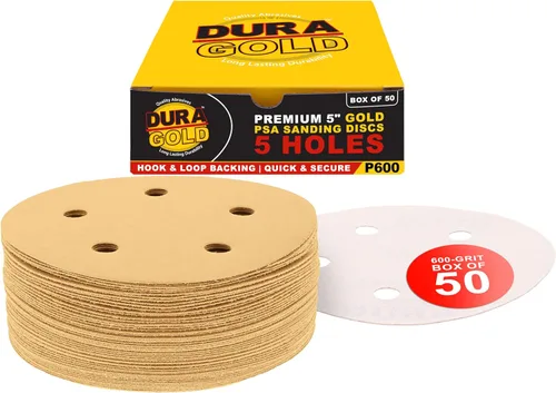 Miniatura 12 de Dura-Gold - Premium - Grano 80 - Discos de lija dorados de 5 pulgadas - Gancho y bucle sin polvo de 5 agujeros para lijadora DA - Caja de 50 discos