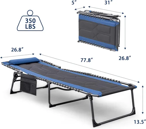 Miniatura 2 de Devoko Silla reclinable plegable portátil acolchada de 4 pliegues para exteriores de servicio pesado con almohada y bolsillo lateral para patio, Azul