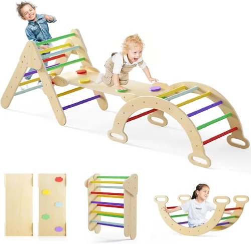 Olakids Triángulo Pikler Set 7 en 1 Juguetes de Escalada para Niños Pequeños de 1-3 Años Interior Plegable Madera Montessori Gimnasio de la Selva