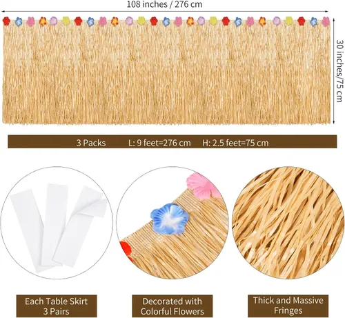 Miniatura 2 de 3 paquetes de faldas de mesa hawaianas de hierba Luau de 108 x 30 pulgadas, hibisco tropical Luau, decoraciones de fiesta, faldas de mesa hawaianas