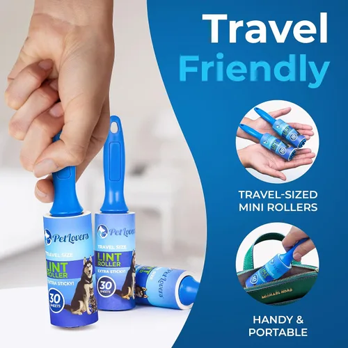 Miniatura 2 de PetLovers Juego de rodillo extra pegajoso para depilación de mascotas y ropa, removedor de pelusa de perros y gatos (azul, paquete de 4 mini)