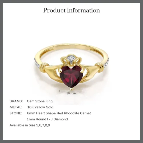Miniatura 101 de Gem Stone King Anillo de compromiso claddagh celta irlandés de oro amarillo de 10 quilates con piedra preciosa en forma de corazón de 0.236 in