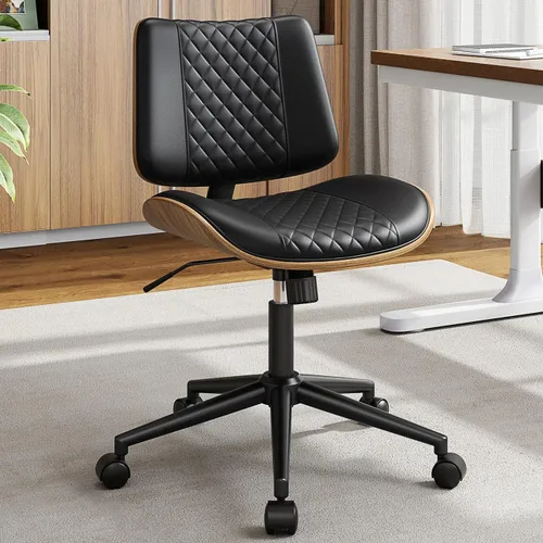 YaFiti Silla de oficina sin brazos, silla de escritorio moderna de mediados de siglo con respaldo de madera de nogal y elevación de gas SGS nivel 3,