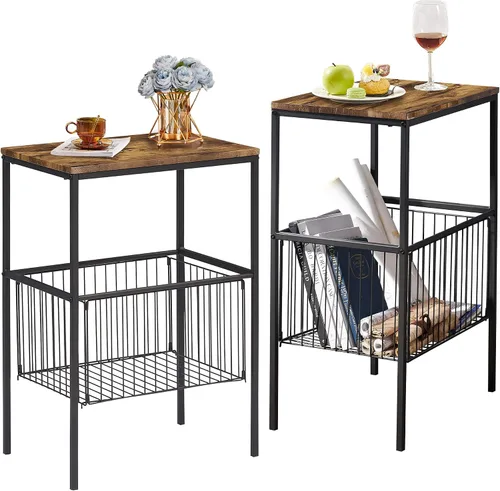 Miniatura 8 de VECELO Mesa auxiliar alta con cesta de metal, mesita de noche con estante organizador de almacenamiento, mesita de noche de madera con marco