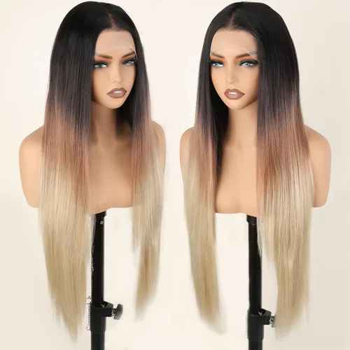 Miniatura 14 de SOKU 40" Super Long Straight Lace Front Wigs,13x6 Transparent Swiss Synthetic Lace Wig Pre Plucked,Natural Black Glueless Lace Front Wigs with Baby
