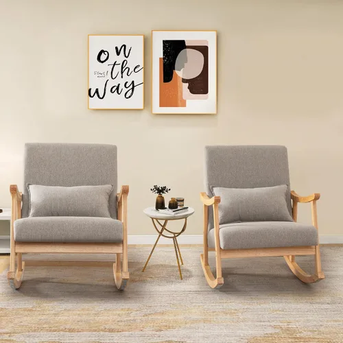Miniatura 10 de Giantex Mecedora tapizada – Moderna mecedora con marco de madera de goma, cómodo respaldo y asiento, almohada acolchada de polipropileno, mecedora