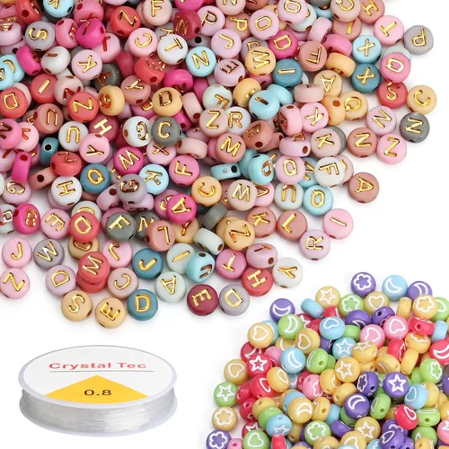 Miniatura 13 de SUTOUG 1000 cuentas de letras coloridas para enhebrar, cuentas redondas acrílicas de 0.15 x 0.27 pulgadas para hacer joyas DIY, manualidades