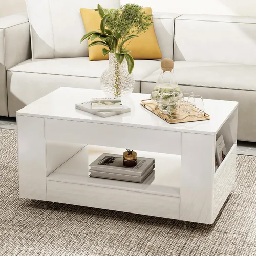 Miniatura 11 de Mesa de centro de grano de madera con estante abierto, mesa de cóctel moderna de alto brillo para sala de estar, dormitorio, oficina