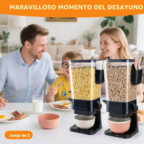 Miniatura 2 de Osacoe Dispensador de cereales para encimera, color negro, paquete de 2 con cuencos, cucharas, caja de cubiertos, dispensador de alimentos secos
