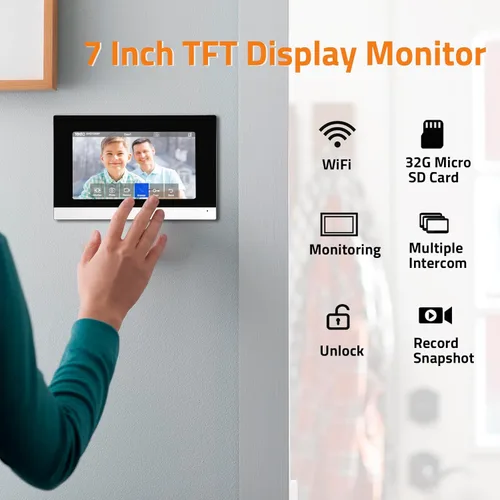 Miniatura 4 de Sistema de intercomunicador de puerta de vídeo IP inalámbrico, monitor WiFi de 7 pulgadas con cámara de puerta HD metálica (alimentación por cable)