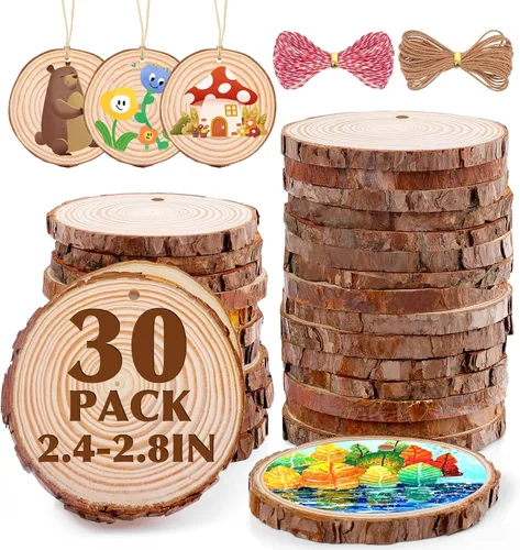 30 paquetes de rebanadas de madera para manualidades, 2.4-2.8 pulgadas de rondas de madera natural sin acabar con corteza de árbol. Círculos de
