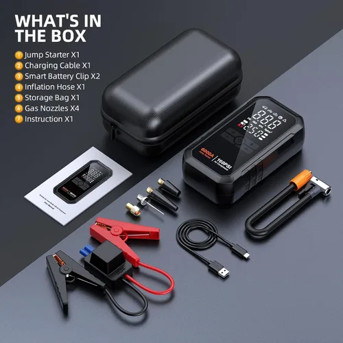 Miniatura 8 de Iniciador de 10 en 1 con compresor de aire 6000A 26800mAh 160PSI Iniciador de batería de coche portátil (todo gas/12L diésel), caja de arranque