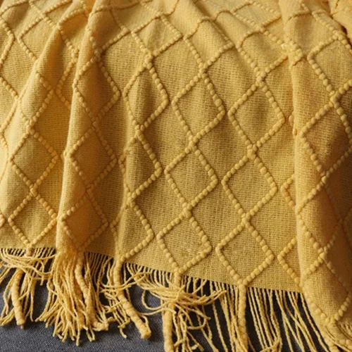 Miniatura 6 de Manta suave, cálida y tejida con flecos decorativos, ligera para cama o sofá decorativa (amarillo, 50 x 90 pulgadas)