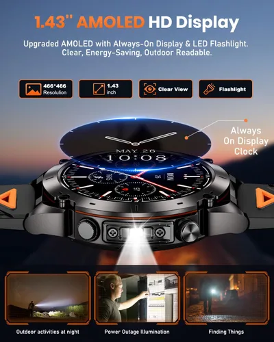 Miniatura 5 de Reloj inteligente militar con GPS para hombre con llamada Bluetooth, AMOLED de 1.43 pulgadas, batería de 730 mAh/linterna, 3 ATM impermeable, más