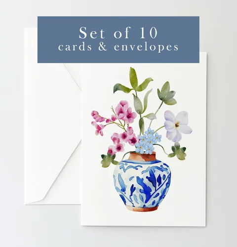 Miniatura 2 de Tarjetas de felicitación de jarrones de jengibre con flores - Juego de 10 tarjetas de nota de 5x7 para todas las ocasiones con sobres. En blanco por