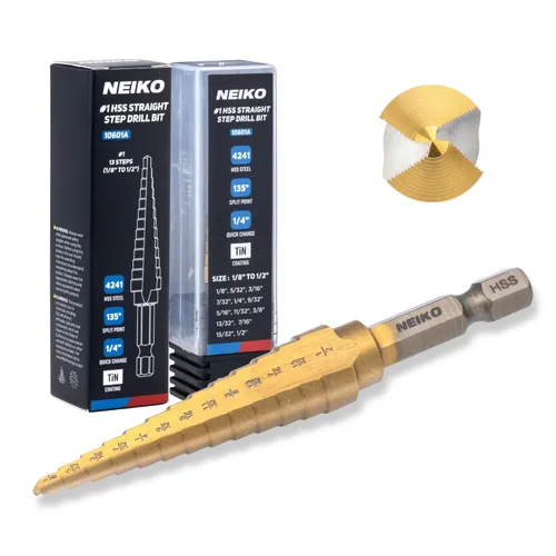Miniatura 9 de NEIKO 10602A Step Drill Bit, 13 Steps 1/8" to 1/2" Spiral High Speed Steel, Titanium Nitride Coated, 1/4" Quick Change Step Bits for Steel, Metal