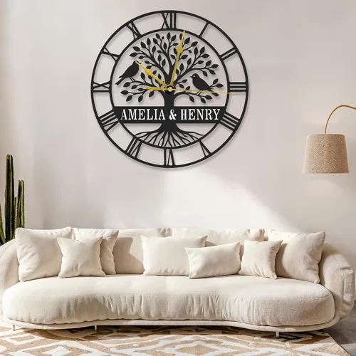 Reloj de pared de metal personalizado, árbol de la vida, letrero de metal con nombre de familia, reloj rústico con número romano para sala de estar,
