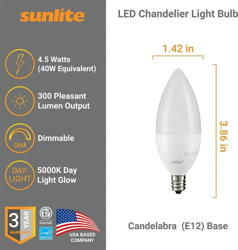 Miniatura 2 de Sunlite Bombilla LED B11 con punta de torpedo esmerilada, 4.5 vatios (equivalente a 40 W) 300 lúmenes, base de candelabro E12, regulable, 5000K luz