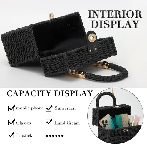 Miniatura 5 de Fecialy Bolso de mano de ratán tejido a mano para mujer, bolso de mano de paja para playa, bolso cruzado cuadrado bohemio