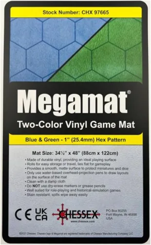 Chessex Alfombrilla de juego – Mat: 1" hexagonal de 2 caras azul/verde Megamat (alfombrilla de dos colores) – Suave y resistente – Compatible con