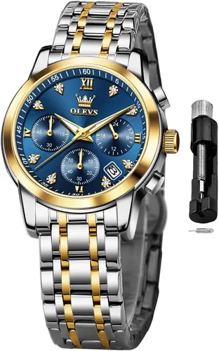 Miniatura 20 de OLEVS Reloj multifuncional de dos tonos para mujer, reloj analógico de cuarzo para mujer, de acero inoxidable, resistente al agua, con diamantes