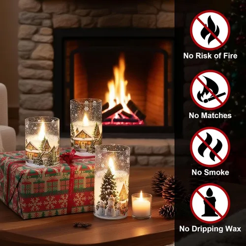 Miniatura 3 de Velas de cristal sin llama de casa de muñeco de nieve a pilas, con control remoto y temporizador; velas LED parpadeantes de cera real, luz blanca
