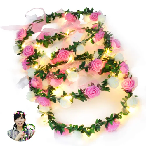 Novelty Place Paquete de 4 diademas de flores iluminadas, corona de cabeza floral LED para bodas, festivales y fiestas, 4 piezas