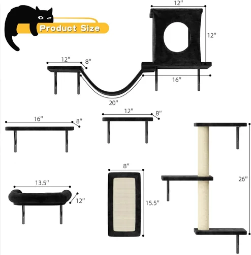 Miniatura 8 de NUNU LAB Estantes de muro para gatos, juego de 6 piezas de lujo montado en la pared, muebles para gatos interiores con 1 casa tipo condominio, 2