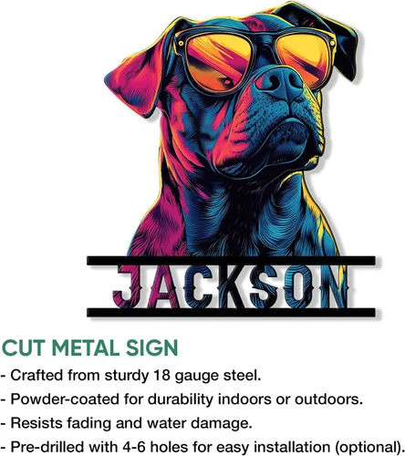 Miniatura 2 de Letrero de metal personalizado con diseño de perro Pitbull, bandera de Estados Unidos, letrero colgante para porche al aire libre, bienvenida