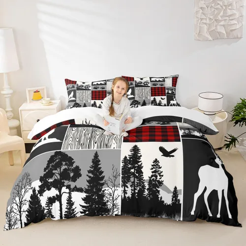 Miniatura 39 de Juego de funda de edredón para niños de ciervo, oso, lobo, tamaño individual, juego de ropa de cama de cabaña de aventura para niños, niñas