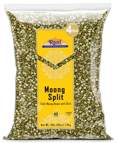 Rani Moong - Lentejas indias divididas (granos de mung con piel) de 64 onzas (4 libras), 4.0 lbs a granel, totalmente naturales, aptas para gluten,