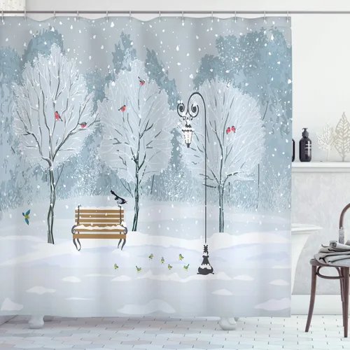 Miniatura 29 de Cortina de ducha de poliéster con estampado con diseño de escena de arte moderno: bosque místico gris con pasto rojo, flores, lluvia, neblina, Verde