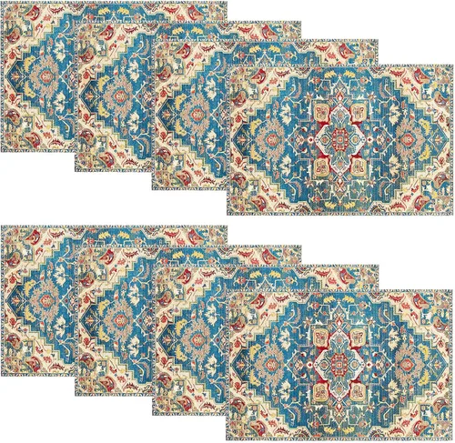 Miniatura 12 de Juego de 4 manteles individuales color azul bohemio para interiores, tela de lino étnica, lavables, resistentes al calor, para mesas de cocina