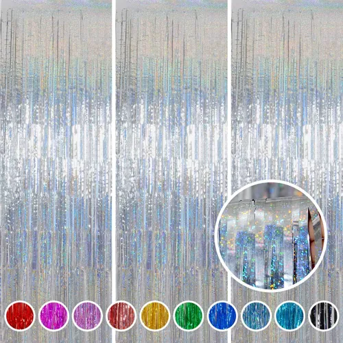 Miniatura 11 de Cortinas de flecos de aluminio para decoraciones navideñas - Melsan, paquete de 3, 3.2 x 8.2 pies, cortinas de oropel verde para fondo de fotos