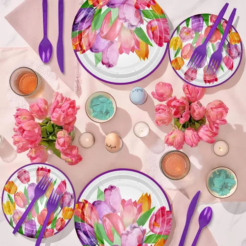 Miniatura 4 de APOWBLS Vajilla de decoración floral de tulipanes para fiesta, suministros de fiesta de flores de tulipán para cumpleaños, baby shower, plato
