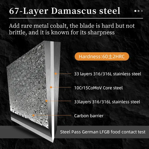 Miniatura 2 de Conjunto de cuchillos de cocina Damasco con bloque - Acero VG10 de 67 capas de afilado al ras, mangos con triple remache, cuchillos de chef, Gris