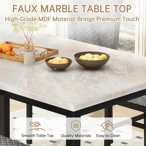 Miniatura 4 de Hooseng Juego de mesa de comedor para 4 mesas de comedor de 5 piezas de mármol sintético con 4 modernas sillas tapizadas de terciopelo para espacios