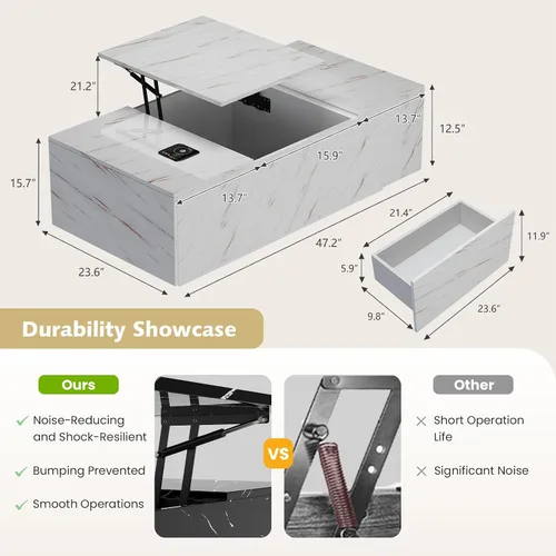 Miniatura 2 de Mesa de centro LED, mesas de centro elevables de 47.2 pulgadas con cajones y gran almacenamiento, mesa inteligente para sala de estar con carga