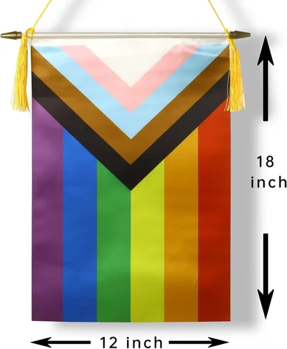 Miniatura 2 de CANTENDO Paquete de 2 banderas de pared con diseño de arco iris del progreso del orgullo progresivo, bandera colgante gay LGBTQ con poste colgante
