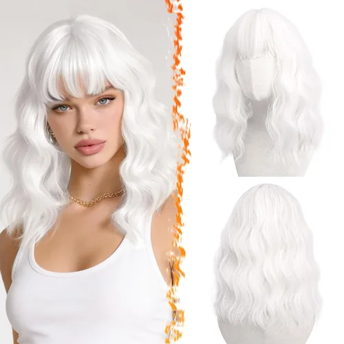 Miniatura 49 de BARSDAR Peluca rubia corta ondulada con flequillo, pelucas cortas onduladas de 14 pulgadas para mujer, pelucas sintéticas suaves hasta el hombro