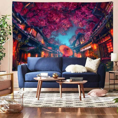 Miniatura 5 de Aidatain Tapiz de anime japonés antiguo japonés de paisaje de calle nocturna, tapiz de farol de flor de cerezo, tapiz grande de 80 x 60 pulgadas
