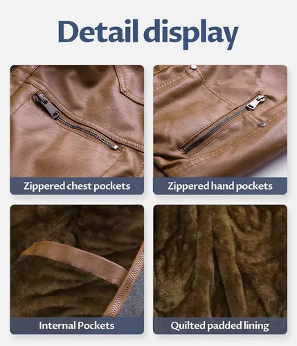 Miniatura 6 de CREATMO US Chaqueta de piel sintética para hombre, impermeable, resistente al viento, PU con capucha extraíble