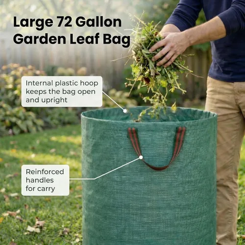 Miniatura 4 de Gardzen Paquete de 3 bolsas de basura de 72 galones, reutilizables, resistentes, plegables, para hojas de jardín, con anillo de plástico, contenedor