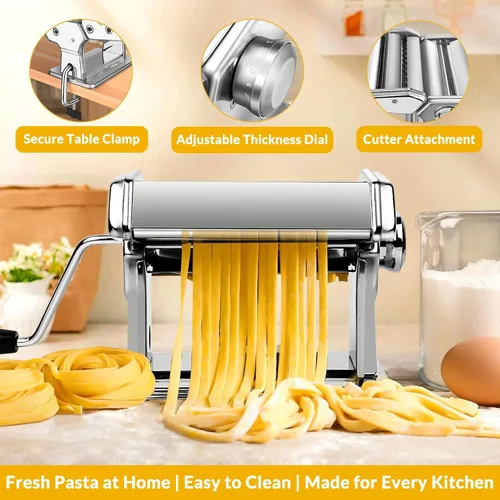 Miniatura 4 de Máquina para hacer pasta con rodillo de 7 ajustes de grosor, cortador 2 en 1, manivela y abrazadera de mesa, máquina manual de pasta de acero
